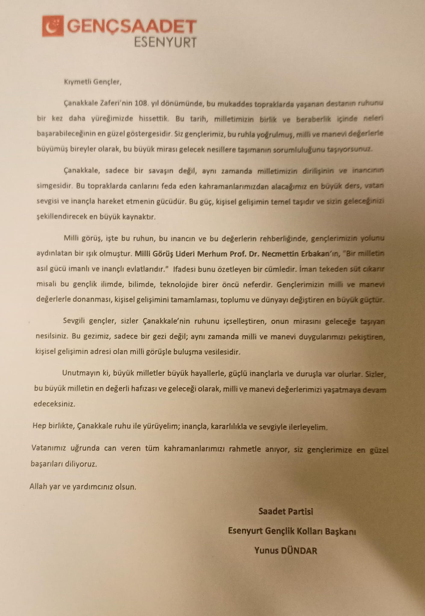 Saadet Partisi Esenyurt Gençliği Çanakkale’de Ecdadını Andı! Yunus Dündar Bu Ruh Geleceği Şekillendirecek
